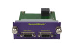 Moduł SummitStack w fioletowej obudowie z dwoma portami Stack Port 1 i 2 oraz widoczną płytką elektroniczną od góry.