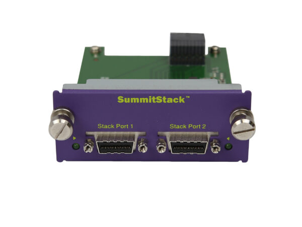 Moduł SummitStack w fioletowej obudowie z dwoma portami Stack Port 1 i 2 oraz widoczną płytką elektroniczną od góry.