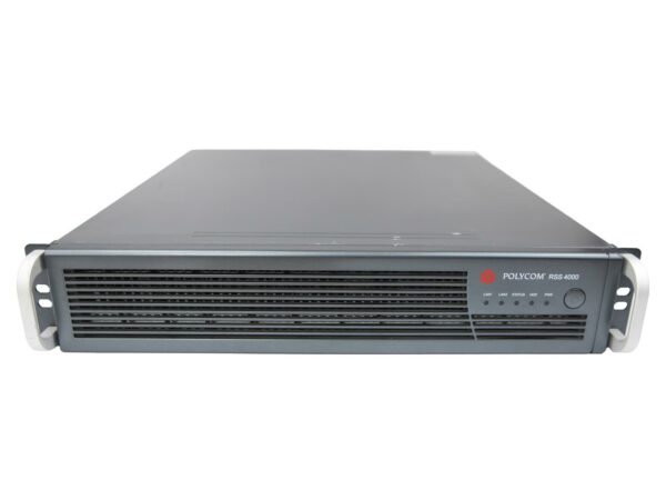 Serwer Polycom RSS 4000 w obudowie rack 2U, widok z przodu z perforowaną kratką wentylacyjną i uszami montażowymi.