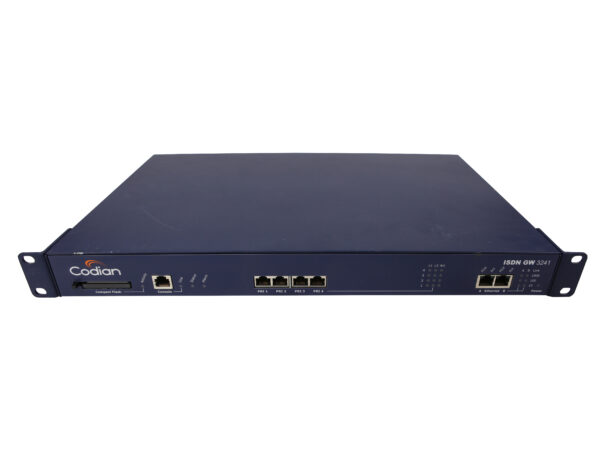 Widok z przodu bramy Cisco TelePresence GW 3241 z uszami montażowymi, portami RJ45 i diodami na czarnej obudowie rack.