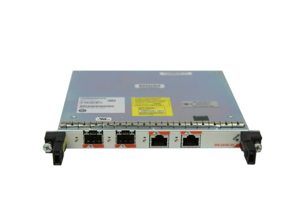Moduł Cisco SPA z dwoma portami SFP i dwoma RJ-45 na przednim panelu, uchwyty montażowe po bokach.