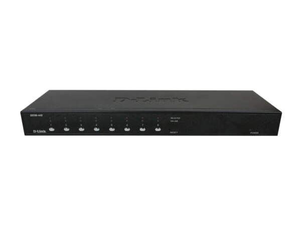 Przedni panel przełącznika KVM D-Link z ośmioma portami i przyciskami wyboru, obudowa czarna metalowa.