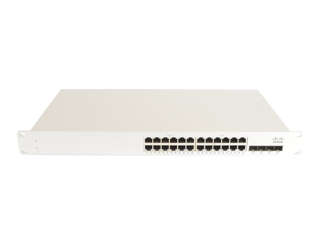 Przedni panel switcha Cisco Meraki z dwoma rzędami portów RJ45 i uszami montażowymi do szafy rack.