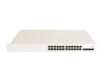 Przedni panel switcha Cisco Meraki z dwoma rzędami portów RJ45 i uszami montażowymi do szafy rack.