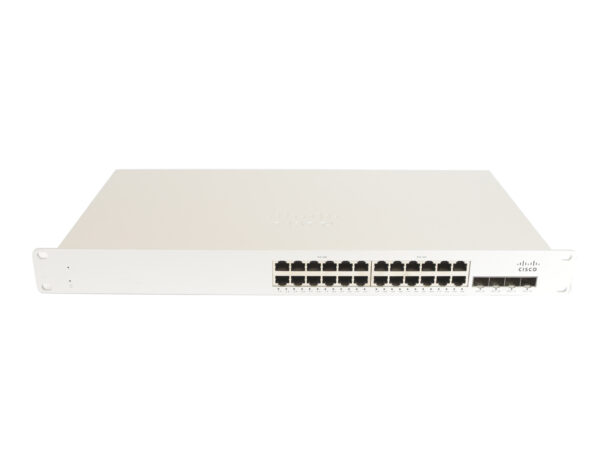 Przedni panel switcha Cisco Meraki z dwoma rzędami portów RJ45 i uszami montażowymi do szafy rack.
