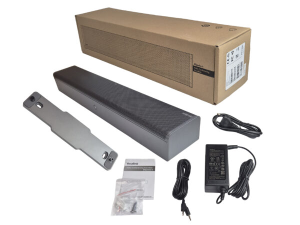 Zestaw Yealink MSpeaker II: soundbar, uchwyt montażowy, zasilacz z kablem, śruby i karton opakowania.