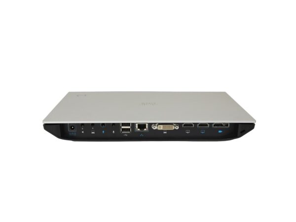 Tylny panel kodeka Cisco TelePresence SX20 z rzędem złączy: zasilanie, audio, USB, LAN, DVI i wideo.