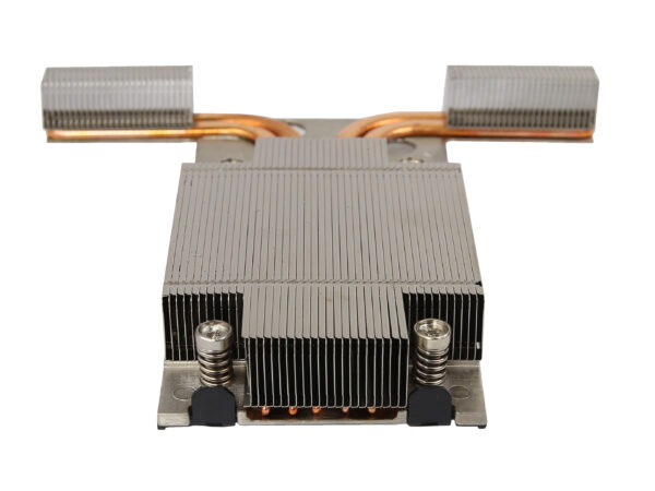 Radiator serwerowy HP z centralnym blokiem żeber i dwiema miedzianymi rurkami cieplnymi wygiętymi na boki, widok z przodu na jasnym tle.