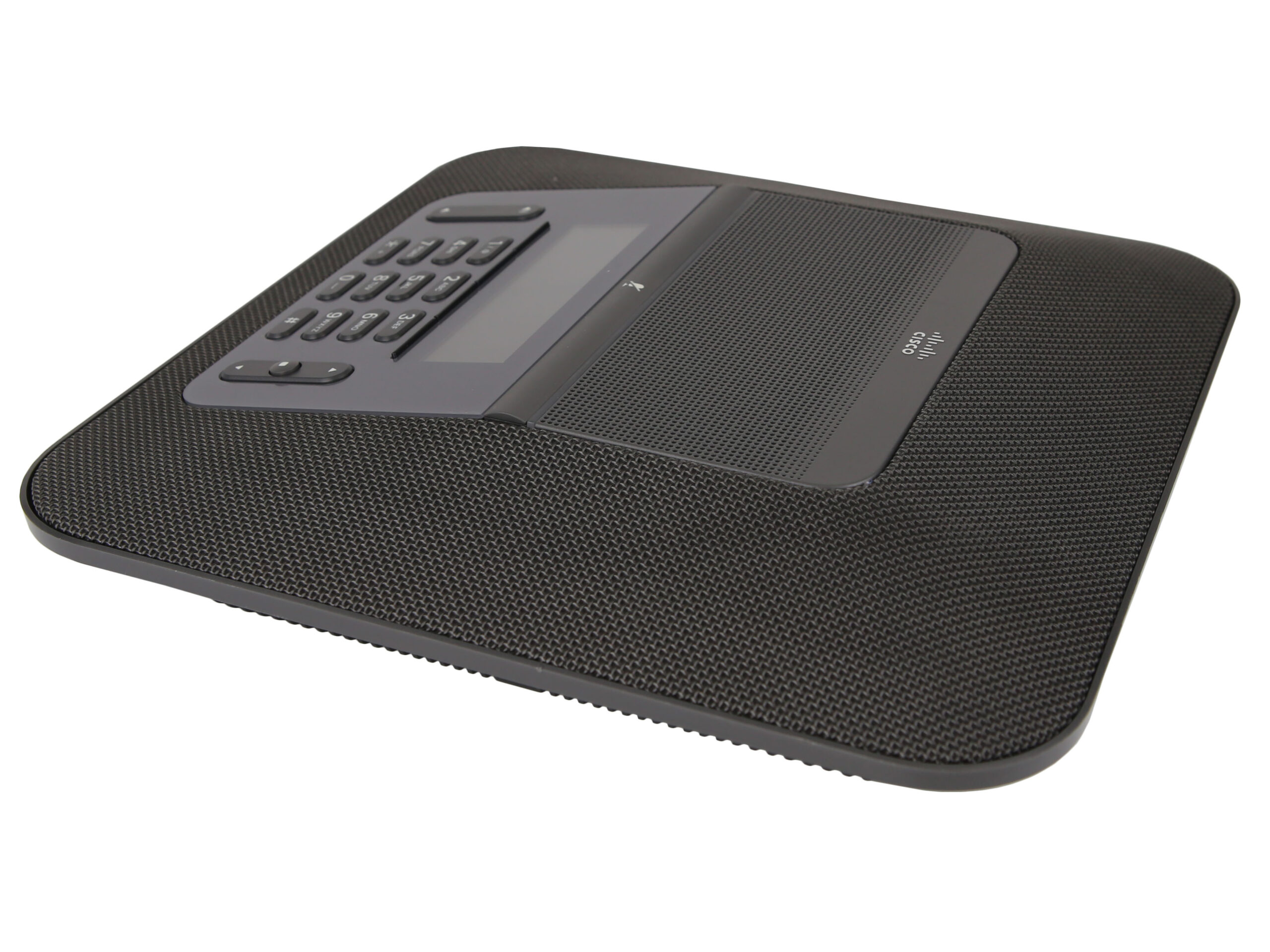 Telefon konferencyjny Cisco CP-8832 z góry, widoczna czarna kratka głośnika i mały panel z klawiaturą numeryczną.