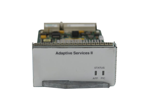 Moduł Juniper Adaptive Services II z widoczną płytką elektroniczną od góry i diodami APP/PIC na przednim panelu.