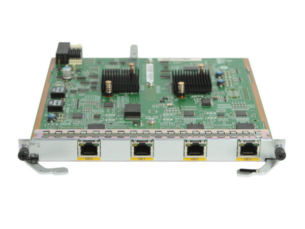 Karta modułu Huawei z odsłoniętą zieloną płytką elektroniczną i czterema portami RJ-45 na przedniej krawędzi.