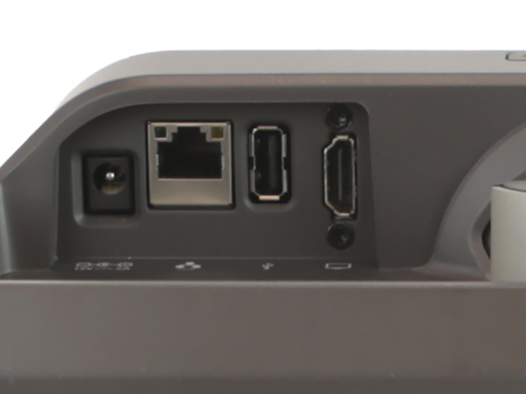 Zbliżenie na tylny panel Cisco SX10 z gniazdem zasilania, portem RJ45, USB i wyjściem wideo.