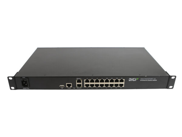 Tylny panel serwera konsolowego Digi Passport 16 z gniazdem zasilania, portem USB, RJ45 i rzędem 16 portów RS-232.