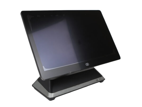 Terminal POS NCR CX7 all-in-one z czarną obudową na podstawie, widok z przodu pod kątem, ekran wyłączony.
