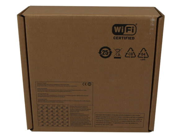 Zamknięte tekturowe pudełko produktu z logo WiFi Certified i tabelą specyfikacji na boku.