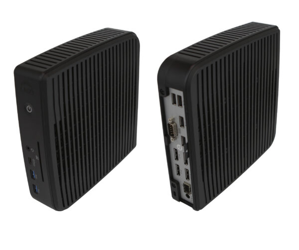 Dwa ujęcia terminala IGEL UD7 obok siebie - przód z przyciskiem zasilania i portami USB oraz tył ze złączami wideo i sieciowymi.