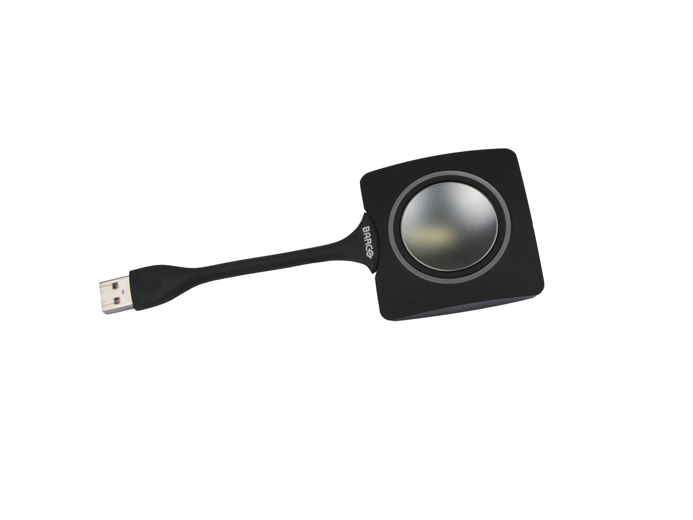 Czarny przycisk ClickShare z okrągłym przyciskiem na obudowie i podłączonym krótkim kablem z wtyczką USB-A.