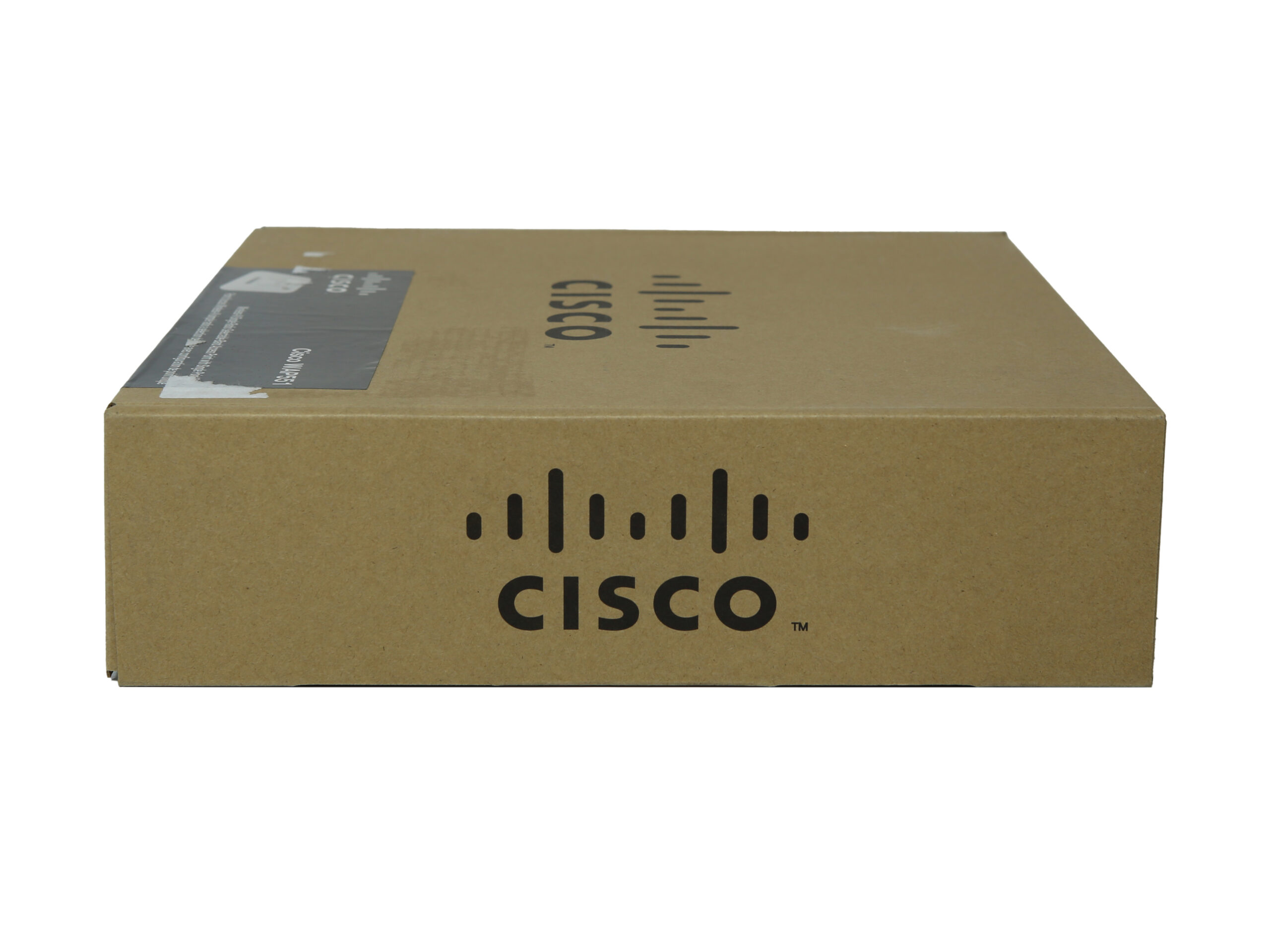 Zamknięte, oryginalne pudełko kartonowe Cisco z logo producenta na wieku, widziane pod kątem z góry.