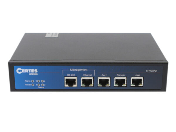 Przedni panel enkryptora Certes CEP10 VSE z opisanymi portami RJ45 (Alarm, Ethernet, Aux, Remote, Local) i diodami LED.