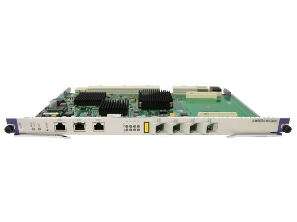 Karta modułu Huawei SCUN z odsłoniętą elektroniką, radiatorami, portami RJ45 i slotami SFP+ z boku obudowy.