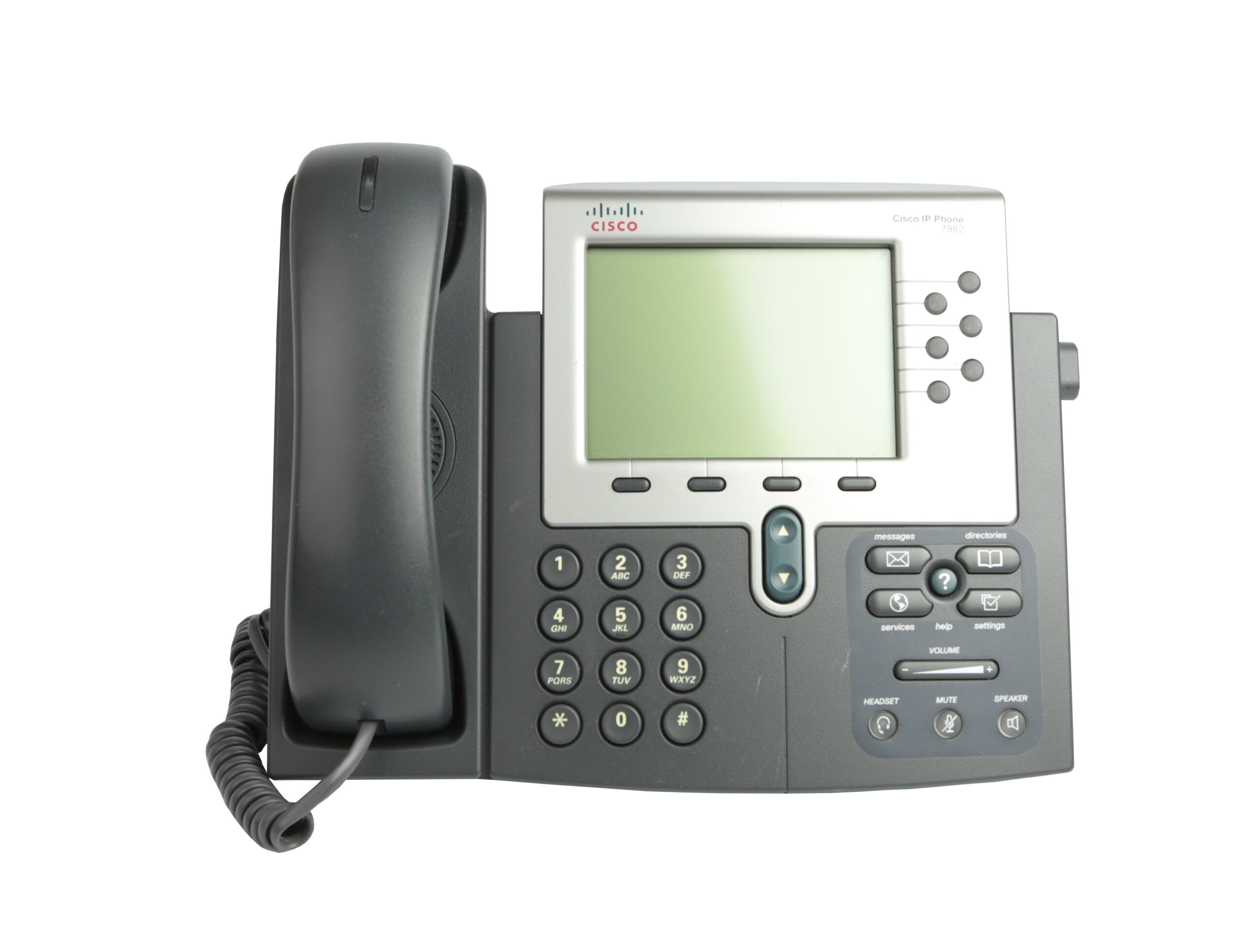 Telefon IP Cisco CP-7962G widziany od przodu, ze słuchawką na widełkach, wyświetlaczem i klawiaturą numeryczną.