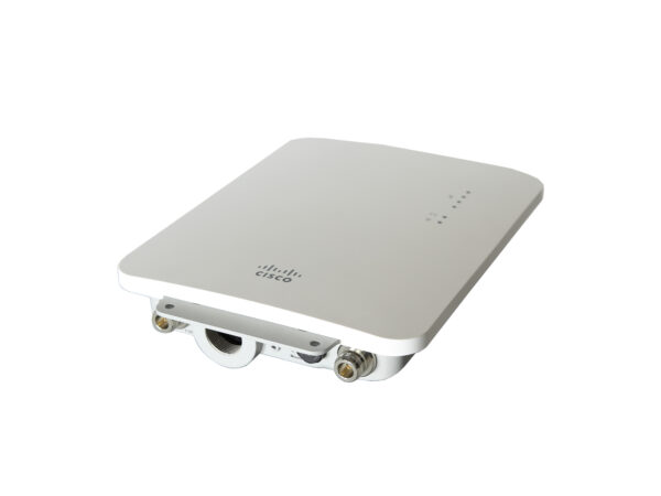 Zewnętrzny access point Cisco Meraki w białej obudowie, widoczne dwie złącza antenowe na dolnej krawędzi