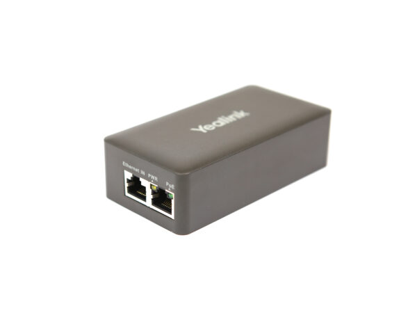 Szary zasilacz PoE Yealink z dwoma portami RJ45 opisanymi jako Data i PoE, widok od góry.