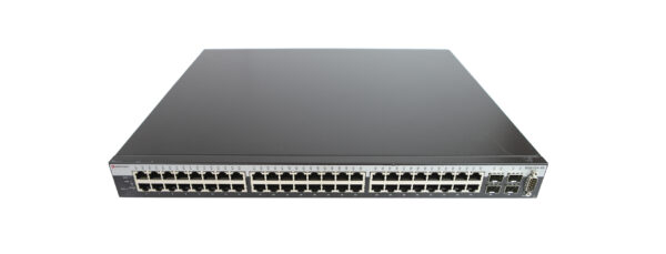 Przedni panel switcha Enterasys z widocznymi rzędami portów RJ45 i czterema slotami SFP po prawej stronie.