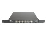 Przedni panel switcha Dell PowerConnect z dwoma rzędami portów RJ45 i uszami montażowymi do szafy rack.