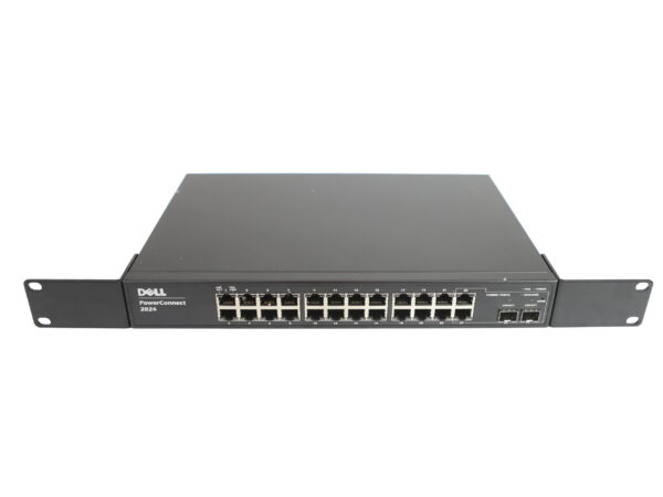 Przedni panel switcha Dell PowerConnect z dwoma rzędami portów RJ45 i uszami montażowymi do szafy rack.