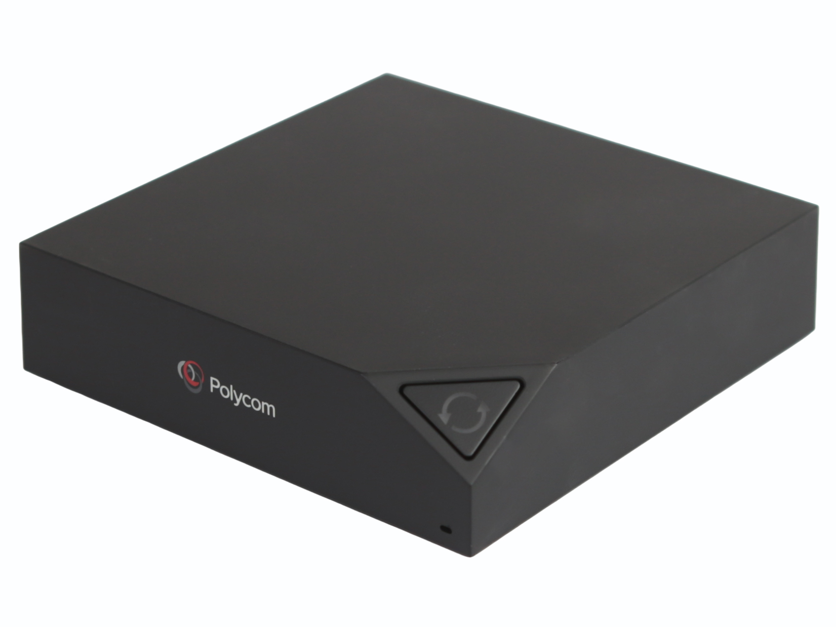 Czarna kwadratowa obudowa modułu Polycom z logo na przedniej ściance i okrągłym przyciskiem z niebieską diodą.