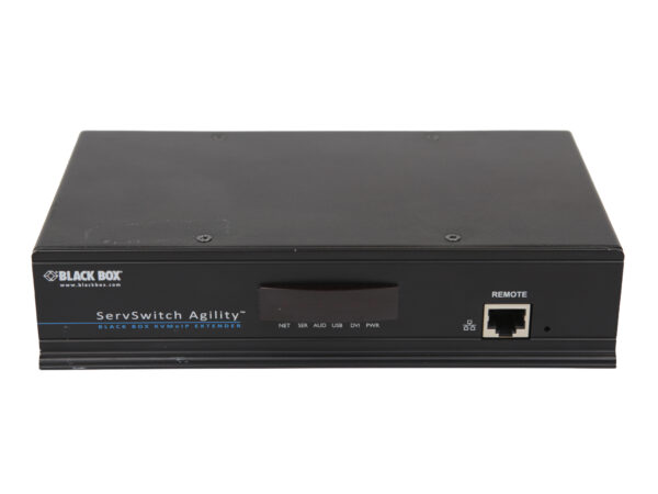Przedni panel odbiornika Black Box ServSwitch Agility z wyświetlaczem, diodami LED i portem RJ45 opisanym "REMOTE".