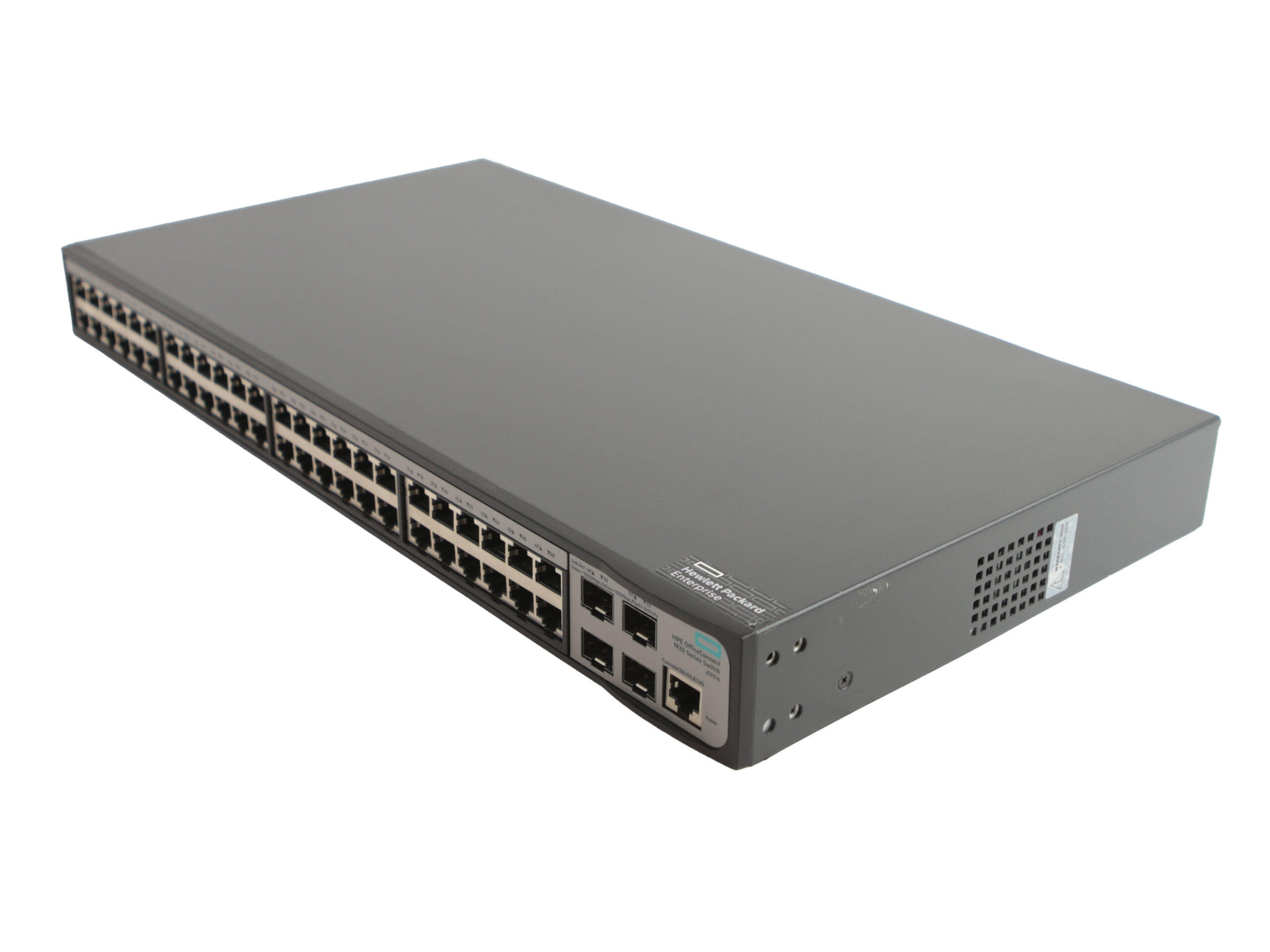 Switch HPE OfficeConnect 1920-48G z przodu, widoczne rzędy portów RJ45 i uszy montażowe do szafy rack.