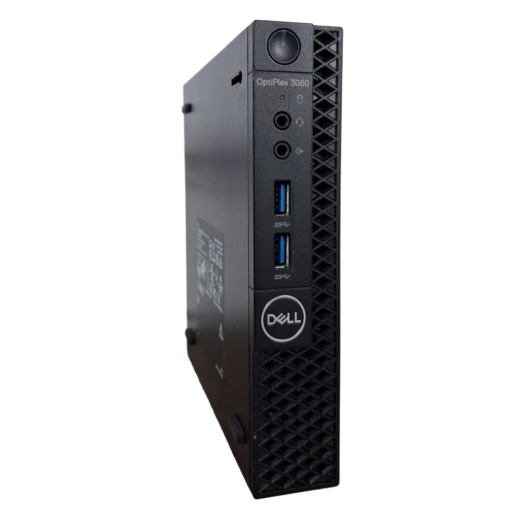 Przedni panel komputera Dell OptiPlex Tiny z przyciskiem zasilania, portem USB-C, USB 3.0 i wyjściami audio.