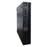 Przedni panel komputera Dell OptiPlex Tiny z przyciskiem zasilania, portem USB-C, USB 3.0 i wyjściami audio.