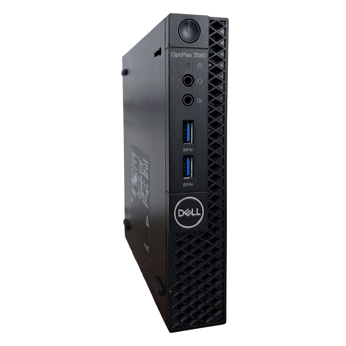 Przedni panel komputera Dell OptiPlex Tiny z przyciskiem zasilania, portem USB-C, USB 3.0 i wyjściami audio.