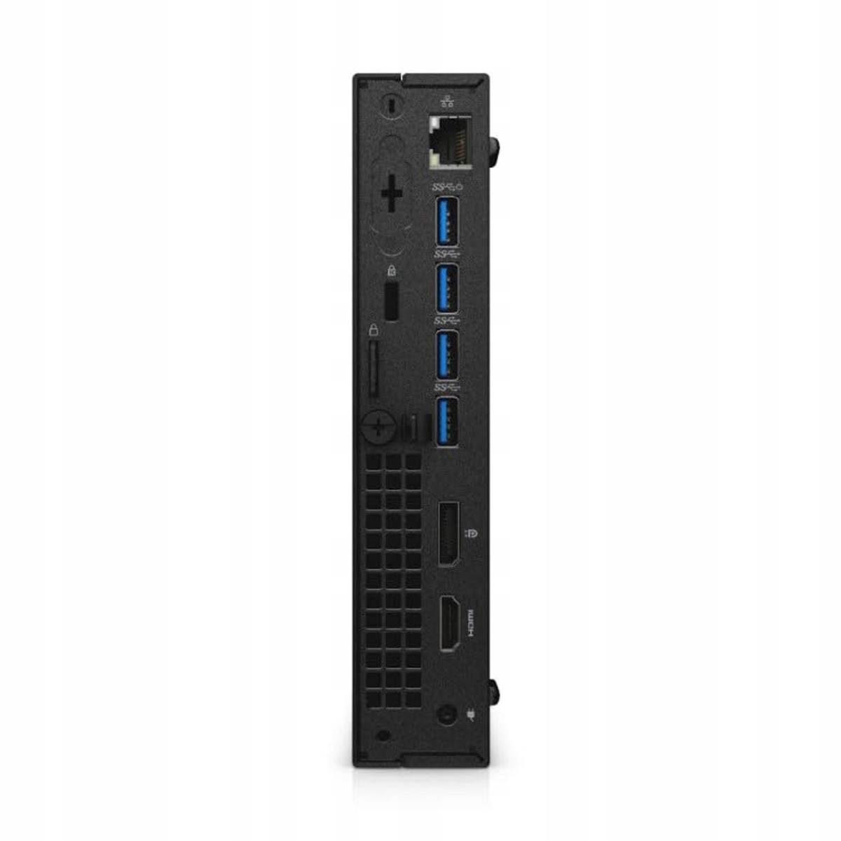 Tylny panel komputera Dell Optiplex Tiny z portami USB, złączem sieciowym RJ45 i HDMI, obudowa czarna.
