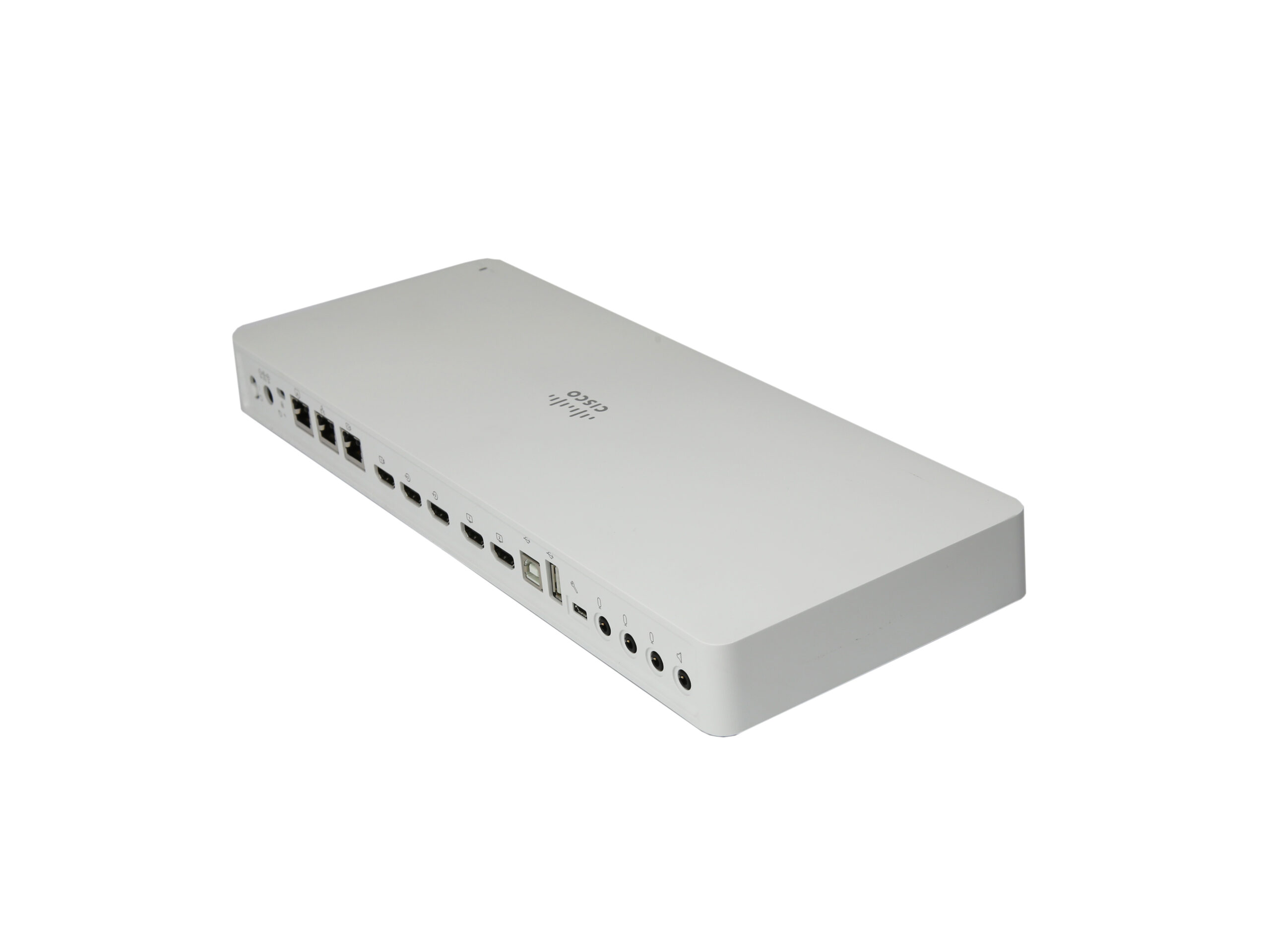 Białe urządzenie Cisco Webex widoczne pod kątem z góry, z rzędem różnych złączy na przedniej krawędzi obudowy.