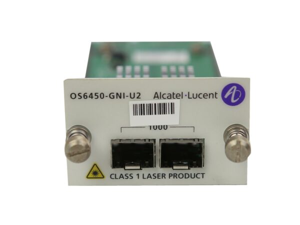 Moduł rozszerzeń Alcatel-Lucent z dwoma gniazdami SFP i śrubami mocującymi po bokach, widok od frontu