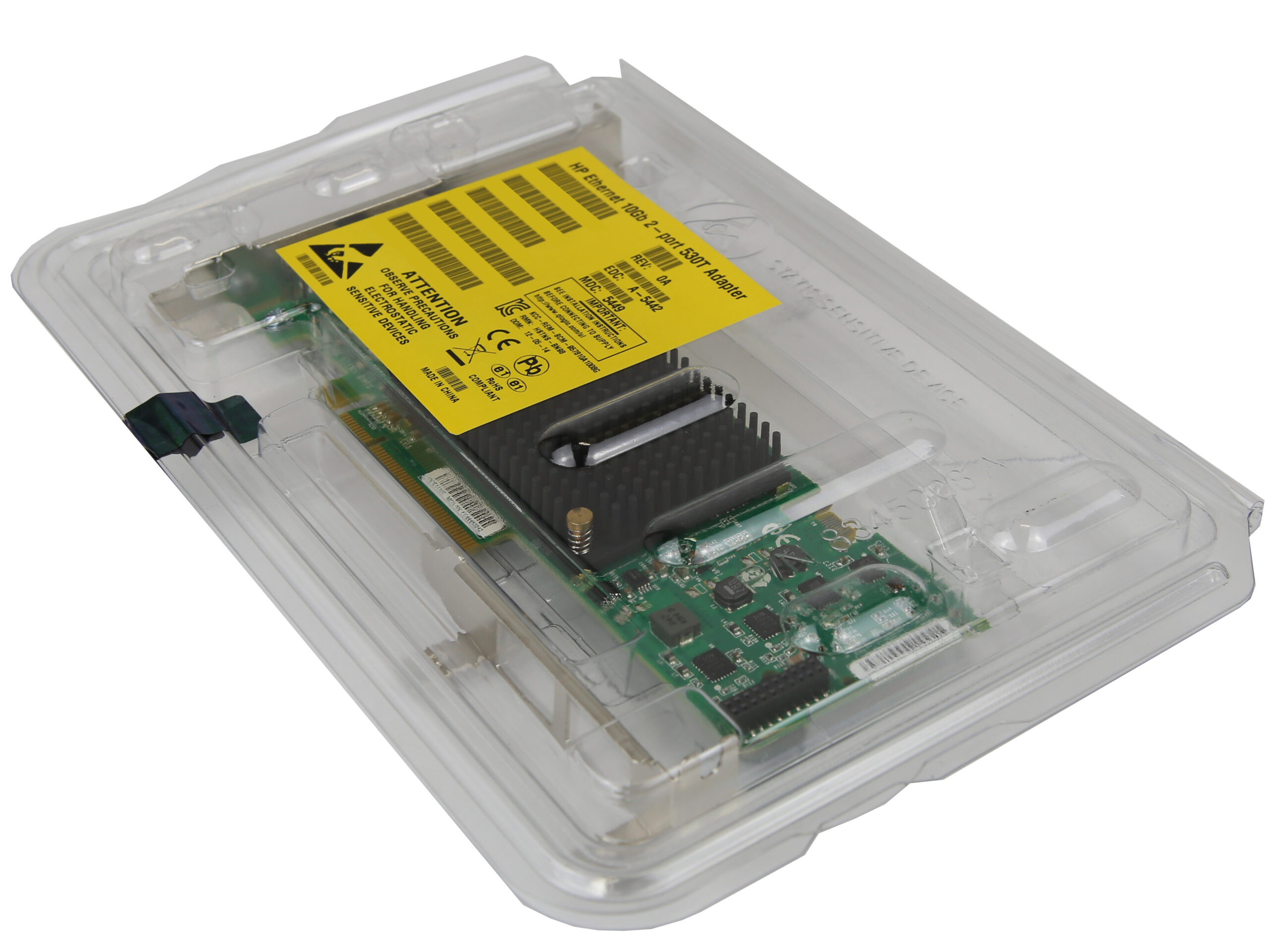 Karta sieciowa HP NC552SFP w plastikowym opakowaniu ochronnym, widoczny radiator i dwa gniazda SFP+.