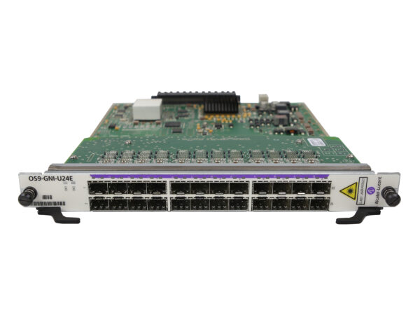 Karta liniowa Alcatel-Lucent z 24 gniazdami SFP w dwóch rzędach i uchwytami montażowymi po bokach.