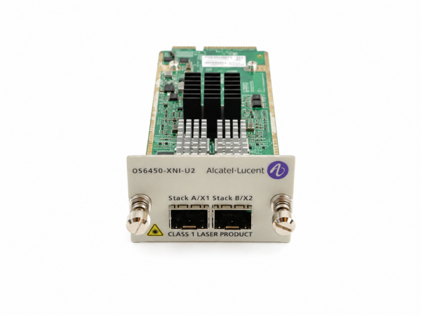 Moduł stakujący Alcatel-Lucent OS6450-XNI-U2 z widoczną płytą elektroniczną i dwoma złączami stack z przodu obudowy.