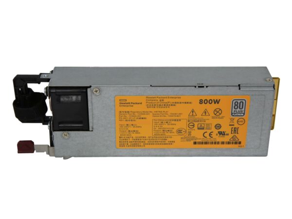 Moduł zasilacza serwerowego HP 800W z boku, widoczna żółta naklejka znamionowa i metalowa obudowa z uchwytem.