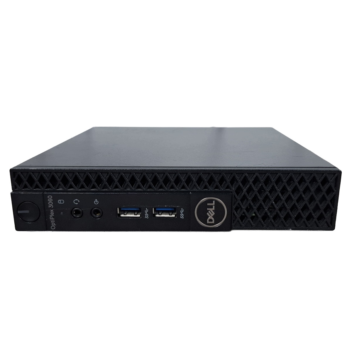 Przód komputera Dell Optiplex Micro z dwoma portami USB, wejściami audio i widocznym logo Dell.