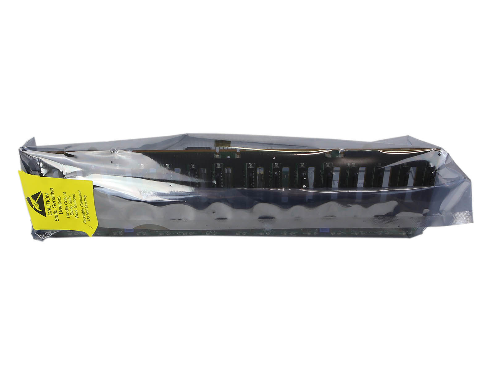 Backplane Dell 16x 2,5" zapakowany w antystatyczną torebkę foliową z żółtą naklejką ostrzegawczą ESD.