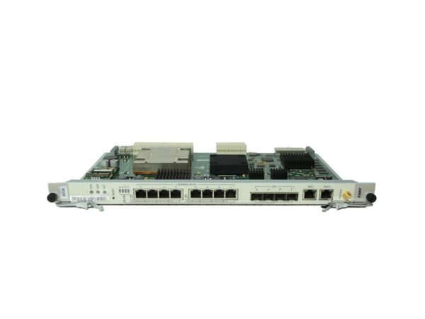 Karta modułu Huawei z rzędem portów RJ-45 i SFP+ z przodu, widoczna od góry pod niewielkim kątem.