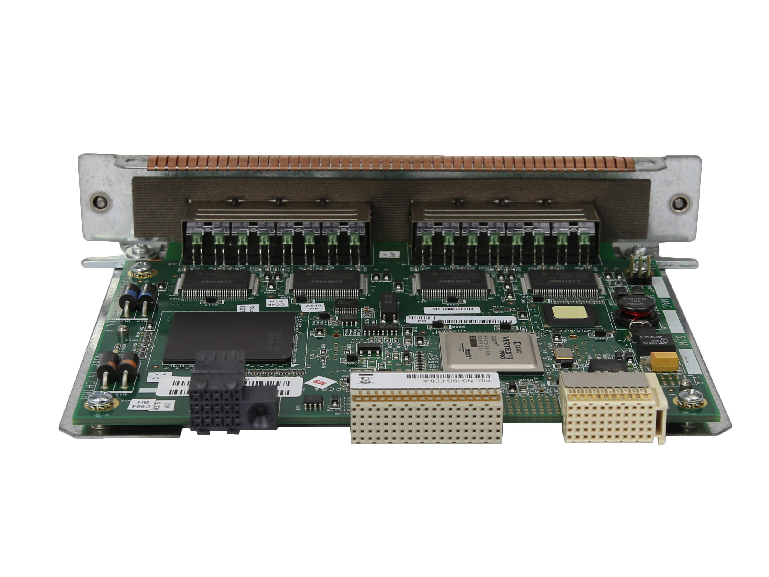 Moduł Juniper NS-ISG-FE8 z widoczną płytką elektroniczną, rzędem 8 portów RJ45 i złączem krawędziowym u dołu.