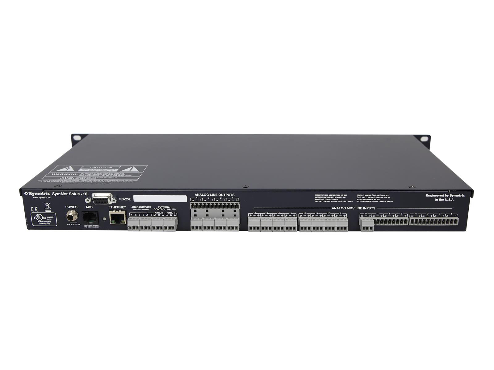 Tylny panel procesora audio Symetrix SymNet Solus 16 z licznymi złączami śrubowymi i portami sieciowymi, widoczne uszy montażowe do szafy rack.