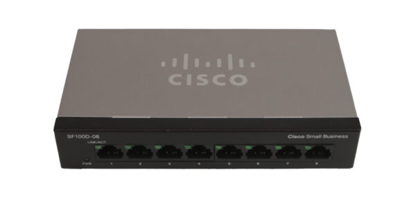 Przedni panel switcha Cisco SF100D-08 z rzędem ośmiu portów RJ45 i widocznym logo producenta.