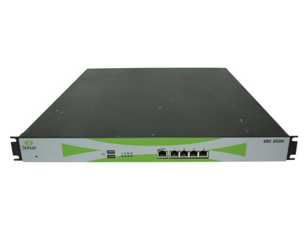 Przedni panel bramki VoIP Sonus SBC 2000 z rzędem portów RJ45 i diodami statusu, obudowa rack z uszami montażowymi.